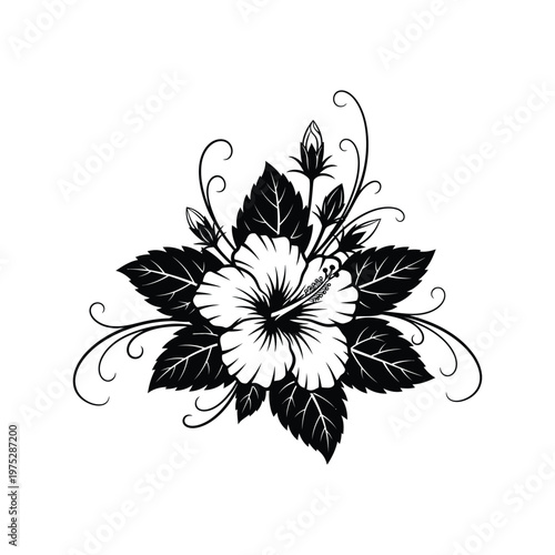 A beautiful black and white illustration of a delicate hibiscus flower with leaves and buds, perfect for decorative purposes