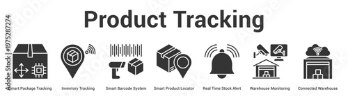 Product Tracking web banner icon set vector illustration concept for business with icon of Smart Package Tracking, Inventory Tracking, Smart Barcode System, Smart Product Locator, Real Time Stock Ale.