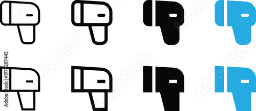 Set of infrared thermometer icons, medical temperature gun, noncontact thermometer for fever screening, vector illustration