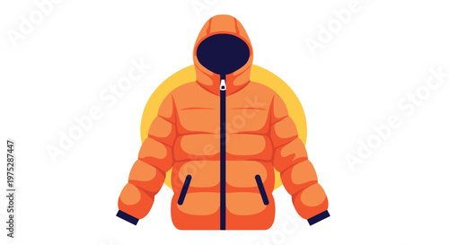 A bright orange winter puffer jacket with a hood and a yellow sun graphic in the background for cold weather apparel.