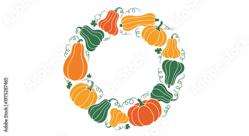 A circular wreath made of various hand-drawn pumpkins and gourds in orange and green with curling vines and leaves.