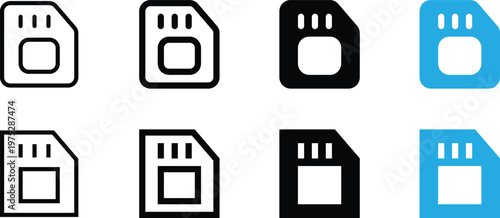 Set of sim card icons, mobile phone chip symbols in various styles including outline, solid, and colored versions