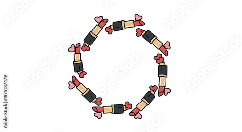 A circular frame made of cartoon lipsticks with little pink hearts coming out of the tips on a plain white background.