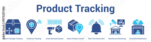 Product Tracking web banner icon set vector illustration concept for business with icon of Smart Package Tracking, Inventory Tracking, Smart Barcode System, Smart Product Locator, Real Time Stock Ale.