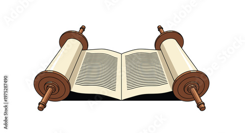 An ancient Torah scroll unrolled to show Hebrew text on parchment attached to two wooden rollers on a white background.