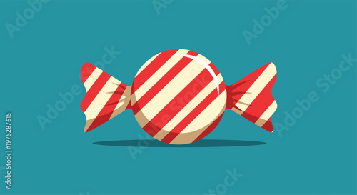 A classic round peppermint candy with red and cream stripes in a twisted wrapper casting a shadow on a solid teal blue background.