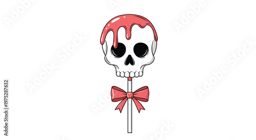 A creepy yet cute cartoon lollipop shaped like a human skull with pink goo dripping from it and a bow tied around the stick.