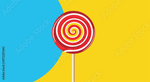 A classic red and yellow spiral lollipop on a wooden stick presented against a vibrant two-tone blue and yellow background.