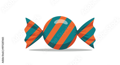 A shiny round piece of candy with diagonal orange and teal stripes in a twisted wrapper casting a shadow on a white background.