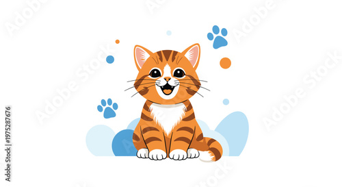 A very happy and cute ginger tabby kitten sitting with a wide smile surrounded by blue paw prints and colorful abstract shapes.