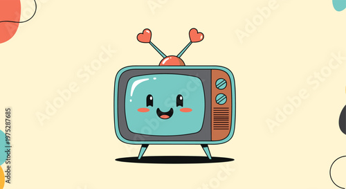 A cute kawaii-style retro television character with a smiling face and heart-shaped antennae on a soft yellow and abstract background.