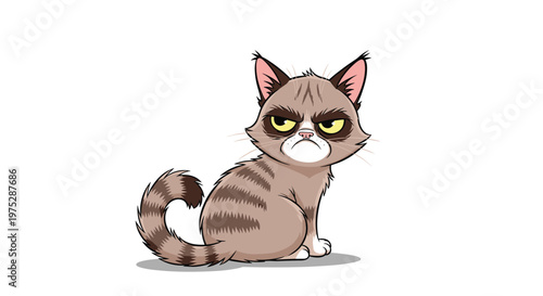 A funny cartoon illustration of a grumpy tabby cat sitting with a discontented expression and a curled striped tail on a white background.