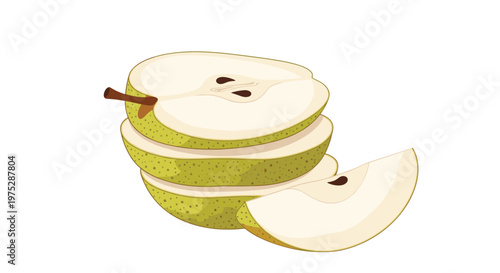 A fresh green pear that has been cut into horizontal slices stacked on top of each other with one wedge next to it on white.