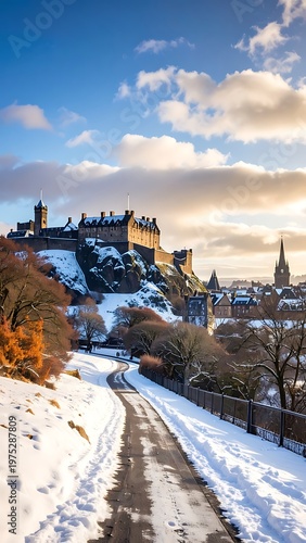 A scenic, long-distance view of a stone castle perched atop a snow-covered hill, with a road. A winter cityscape