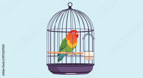 A colorful lovebird parrot with green red and orange plumage sitting on a perch inside a vintage-style birdcage on a blue background.