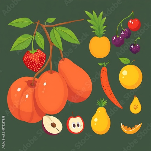 Fresh Fruits and Vegetables on Dark Background.
