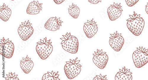 A simple and charming seamless pattern of hand-drawn strawberries in a brown outline style scattered on a plain white background.
