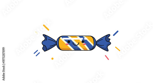 A cute kawaii-style candy character with a smiling face and blue and yellow stripes sparkling on a plain white background.