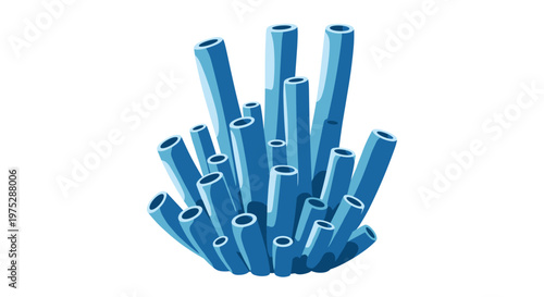 A vibrant blue cartoon illustration of organ pipe coral with multiple tubes isolated on a plain and simple white background.