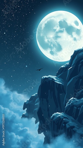 Full Moon Rising Above Rocky Landscape.