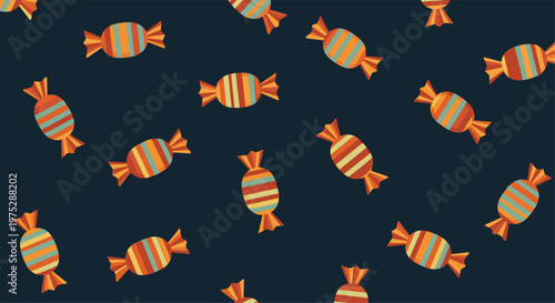 A retro-themed seamless pattern of colorful striped candies scattered randomly on a dark blue background for a fun sweet design.