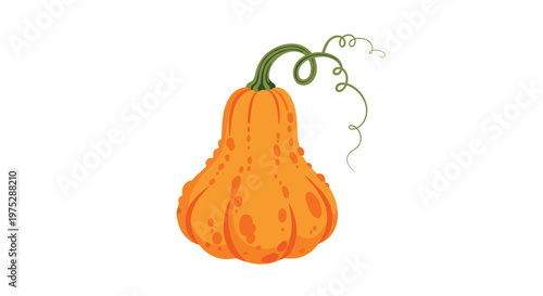 An artistic illustration of a single bumpy orange pumpkin with a green curly stem isolated on a plain white background.