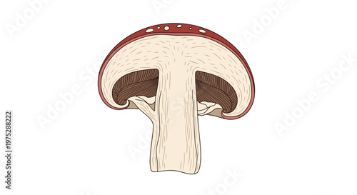 Botanical illustration showing the internal cross-section anatomy of a red-capped mushroom on a plain white background.