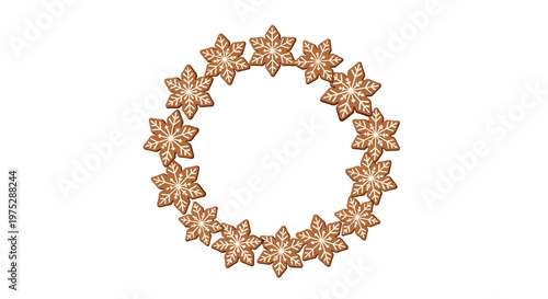Festive christmas wreath made from delicious snowflake-shaped gingerbread cookies decorated with white royal icing.