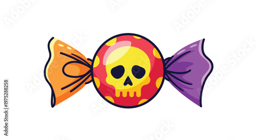 Fun cartoon halloween candy with a yellow skull design in a colorful purple and orange twisted wrapper.