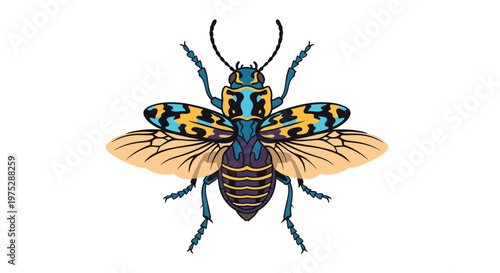 Beautifully detailed and colorful illustration of an exotic beetle with its intricate wings spread out.