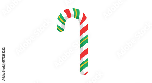 Classic christmas candy cane with red white and green stripes isolated on a white background in a simple flat style.