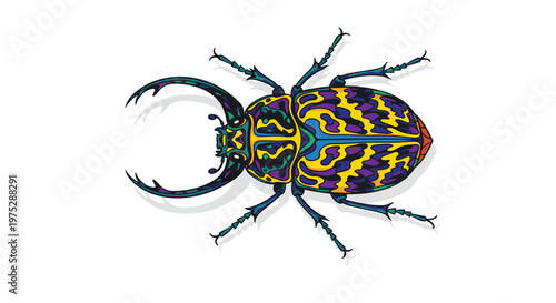 Top-down vector illustration of a stag beetle with vibrant and psychedelic colorful patterns on its shell.