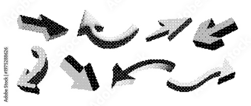 Black halftone arrow symbol collection. Dotted arrowhead shape set. Comic pop art direction or navigation icon bundle. Vector bitmap curved and straight pointer sign pack for infographic report poster