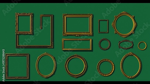 Gold Outlined Shapes on Green Background.