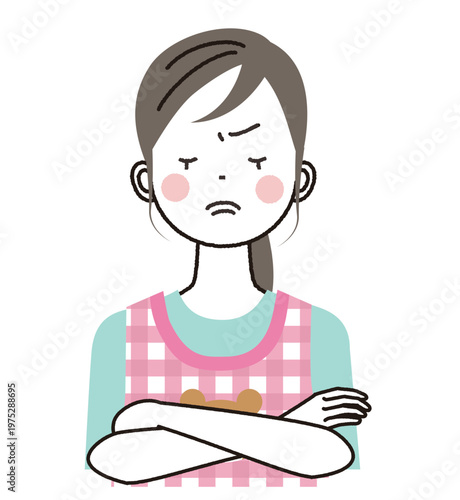 エプロンをつけた保育士のイラスト　腕組みをして険しい表情