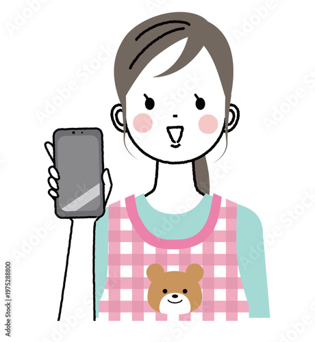 エプロンをつけた保育士のイラスト　スマートフォンの画面をこちらに見せている
