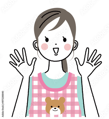 エプロンをつけた保育士のイラスト　両手を開いてバンザイのポーズ