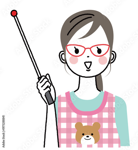 エプロンをつけた保育士のイラスト　指示棒で説明している