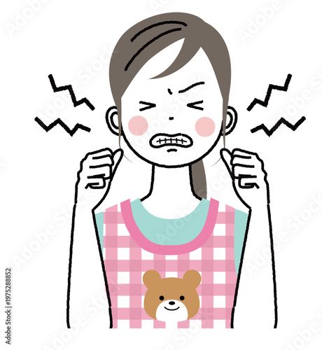 エプロンをつけた保育士のイラスト　ヒステリックに怒っている