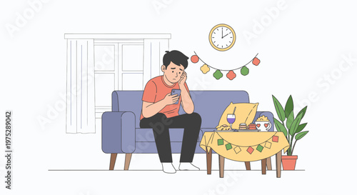 Thoughtful man seated on sofa in living room.