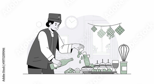 Traditional street vendor cook preparing food at stall.