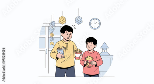 Two Boys Standing Together Holding Cups In Family Photo.