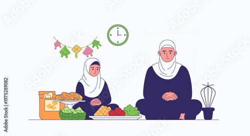 Two Muslim Women Shopping At Market Stall.