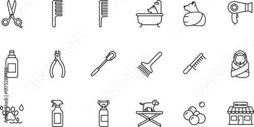 Pet grooming icons in clean line art style with white background for web design