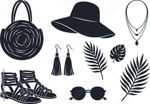Summer vacation accessories collection including a straw bag hat sandals necklace earrings sunglasses and tropical leaves