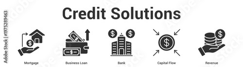 Credit Solutions web banner icon set vector illustration concept for business with icon of Mortgage, Business Loan, Bank, Capi.