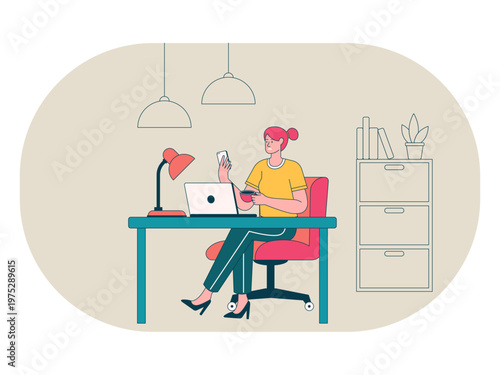 A woman is working at a desk with a laptop, a coffee cup, and a desk lamp. Workaholic illustrations. Flat vector concepts.