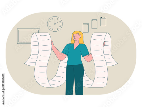 A stressed young woman holds a long to-do list on paper, feeling pressured by the deadline. Workaholic illustrations. Flat vector concepts.