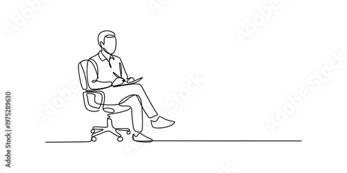 Continuous line drawing of a professional man sitting on a chair and taking notes on a clipboard. Vector, illustration