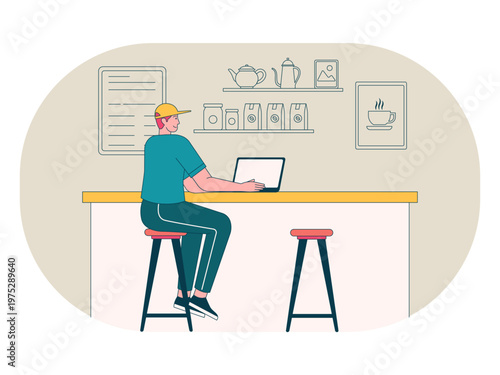 A person working remotely on a laptop in a cozy cafe setting. Workaholic illustrations. Flat vector concepts.